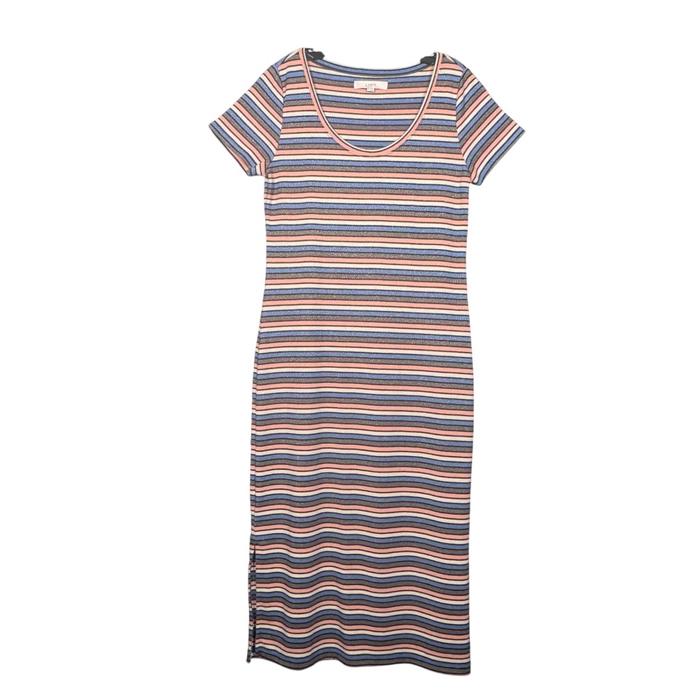 LOFT Striped Metallic Knit Midi Dress Blue Pink Short Sleeve Womens Medium